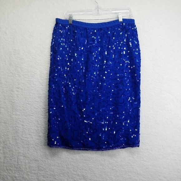 Vintage 2 Piece Silk Blouse Skirt Set Size 10 Blue Silver Beaded Shoulder Pads - Picture 5 of 12